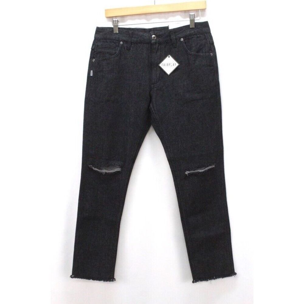 NEW mens black FAIRPLAY brand jeans ankle 3/4 raw hem distressed‎ torn 30